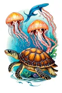 turtle eating jellyfish, hammerhead shark swimming, blue ring octopus crawling, bright coral reef tattoo design idea