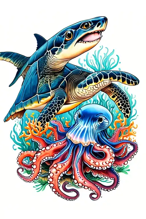 turtle eating jellyfish, hammerhead shark swimming, blue ring octopus crawling, bright coral reef tattoo design idea