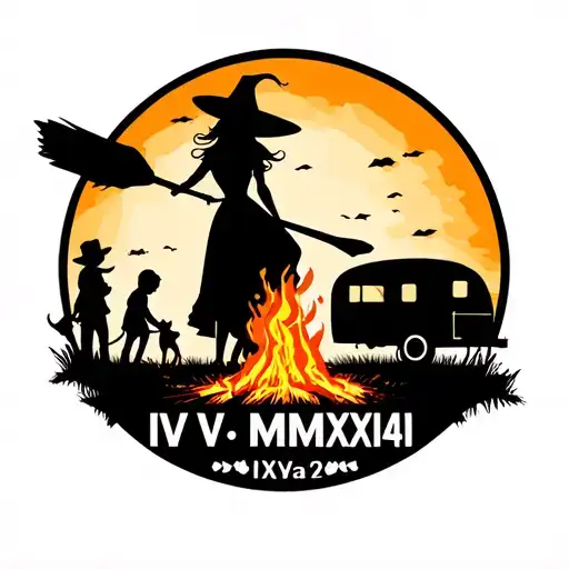 "IV V MMXIV" silhouette of busty sexy witch bride on broomstick over a campsite with a trailer and campfire with children & dog tattoo design idea