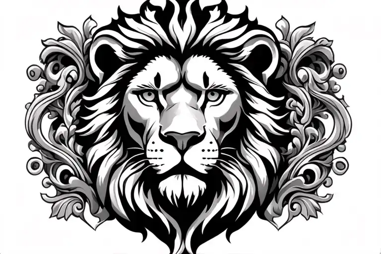 lion face surrounded by filigree and ornamental statue like designs tattoo design idea