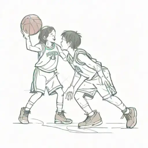 girl & boy playing basketball, simple design, girl wearing  #8 jersey and boy wearing #24 jersey. facing each other tattoo design idea