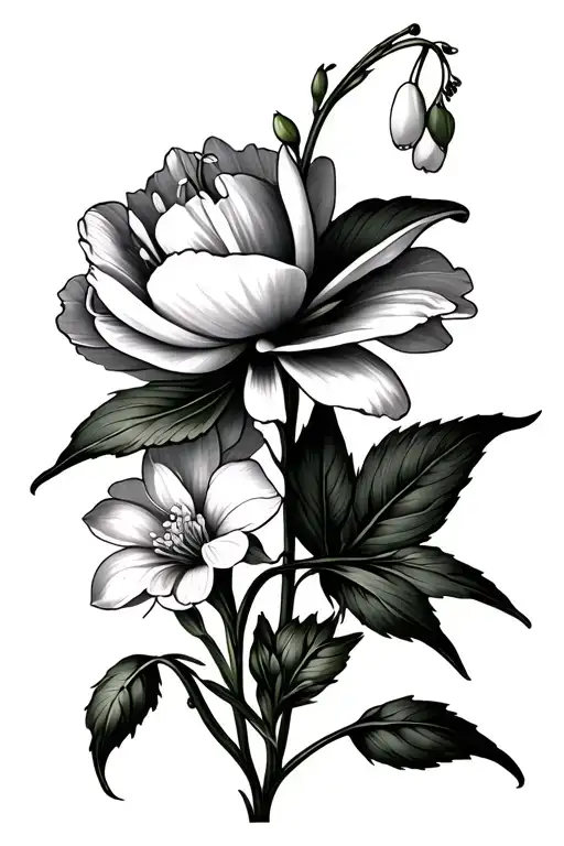 lily of the valley and sweet pea and peony flowers tattoo design idea