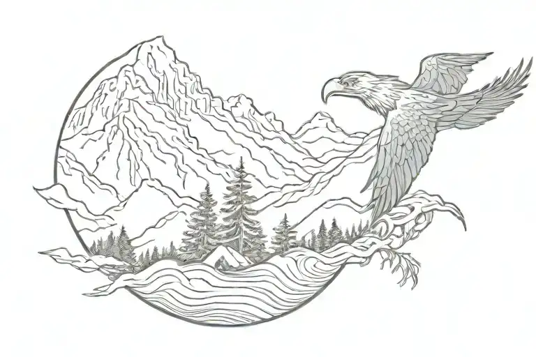 Vancouver mountains with a tree, bald eagle, and wave all connected tattoo design idea