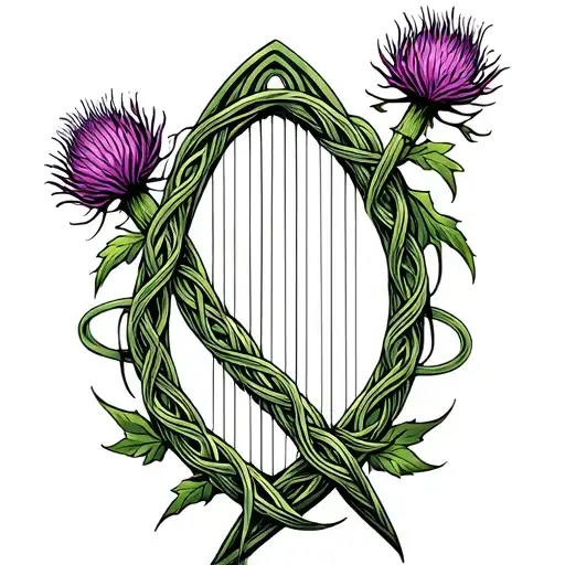 Scottish thistle with Irish Harp entwined in Celtic infinity knot  tattoo design idea