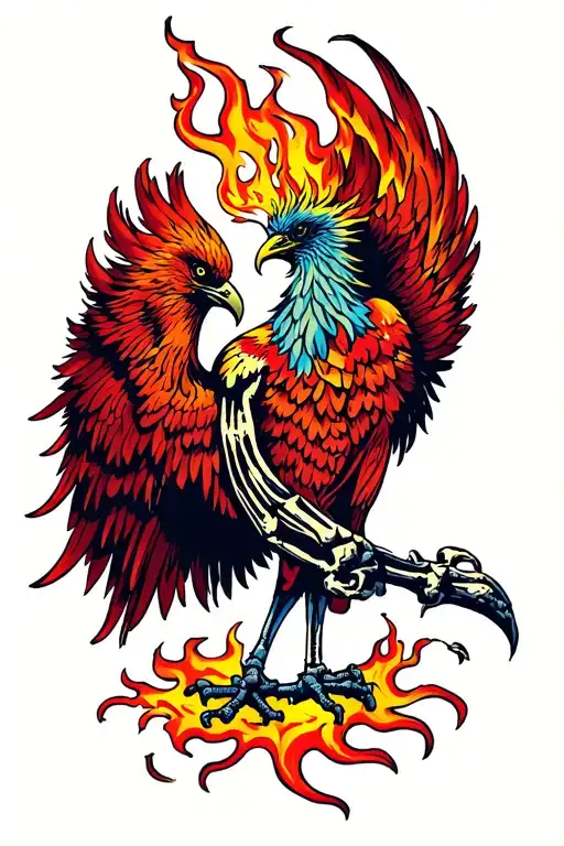 phoenix regenerating skin and bone on fire tattoo design idea