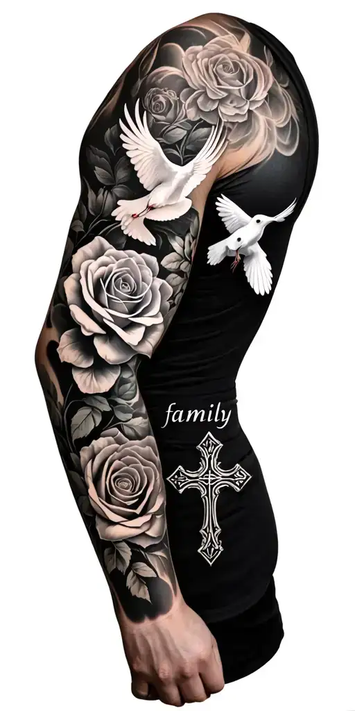 A black and white Left arm sleeve tattoo that’ll include the following roses, doves, cross, horse, the word ‘family’ in  tattoo design idea