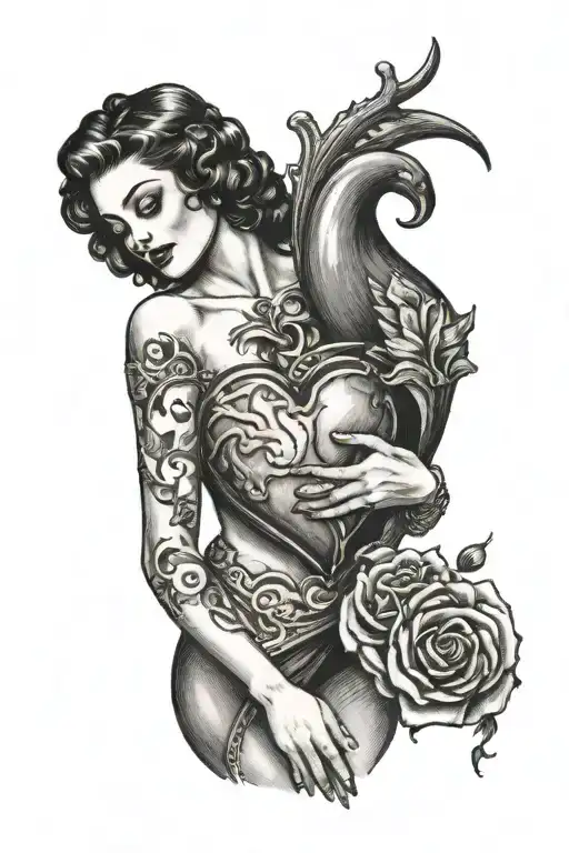 sexy woman holding a bloody heart in her left hand tattoo design idea