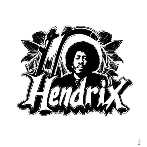 The word "Hendrix" written in a thin arched tattoo style font. black and white tattoo design idea