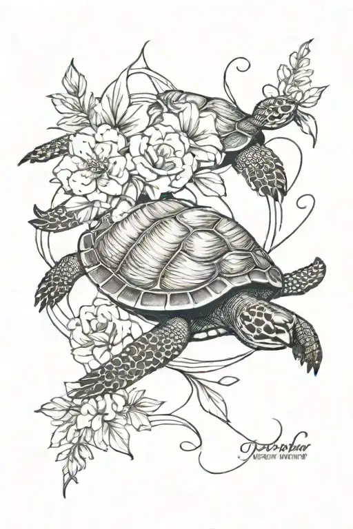 turtle and flowers intertwined tattoo design idea