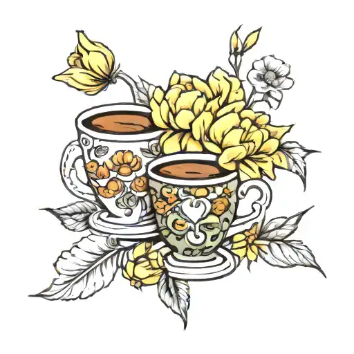 two coffees cheering with peonies and daffodils in background tattoo design idea