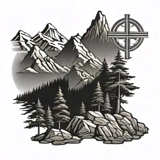 mountains, cross, pine tree, black and white tattoo design tattoo design idea