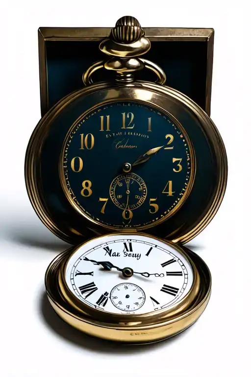 open pocket watch showing the time 12:15.  Est. 1699 on the face and Mar. 26 in the date box tattoo design idea
