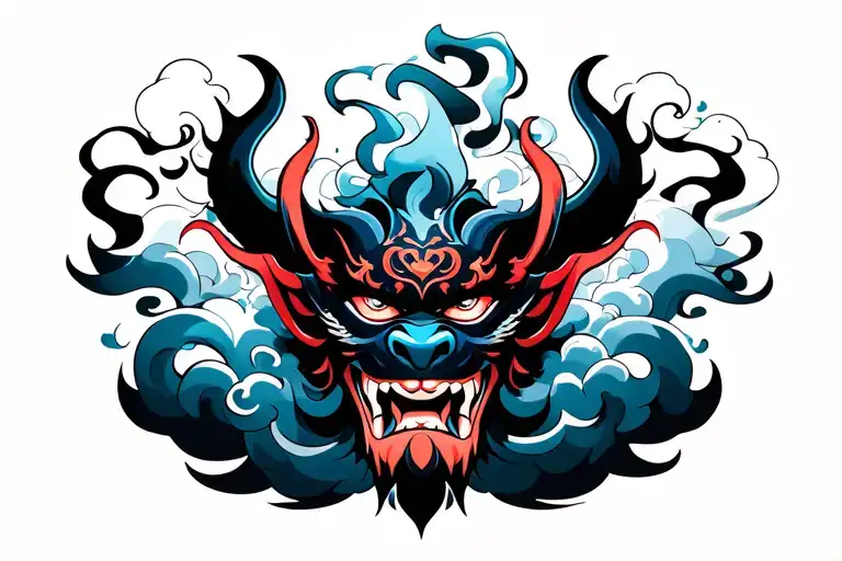 mask oni demon mask with cloud smoke swirling  tattoo design idea