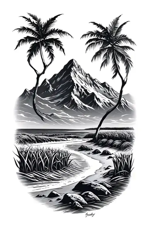 moutain and beach and cornfield tattoo design idea