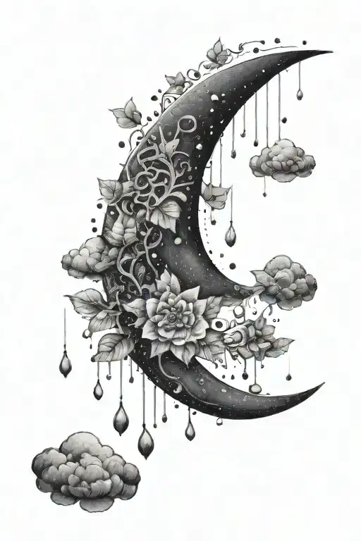 A delicate tattoo of a crescent moon surrounded by raindrops and mystical symbols tattoo design idea