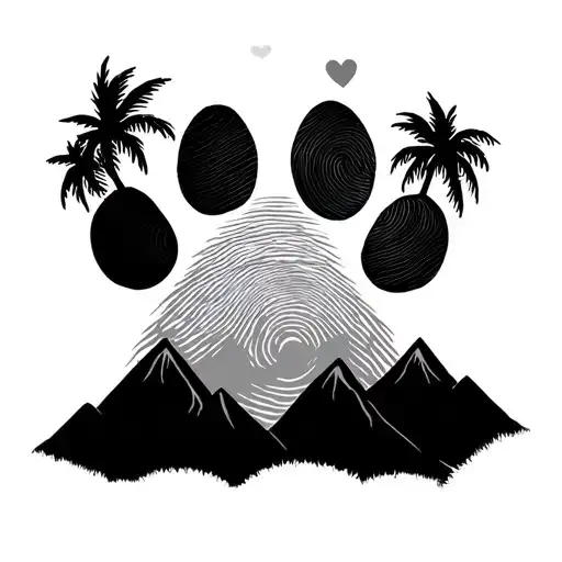 family, dog paw print, small heart fingerprint mixed, mountains and palm trees tattoo design idea