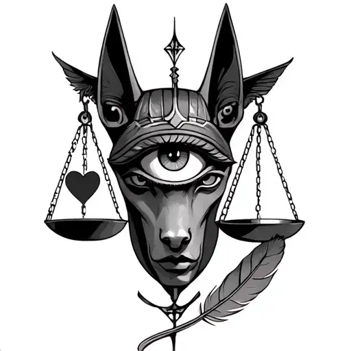 all seeing eye and anubis holding scales with a heart on one side of the scale and a feather on the other side on the ne tattoo design idea