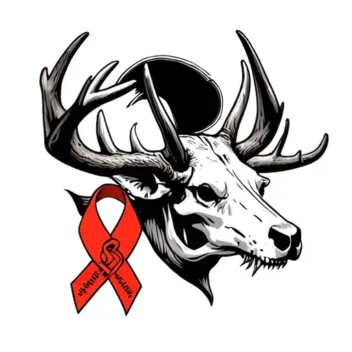 fierce buck skull with leukemia ribbon tattoo design idea