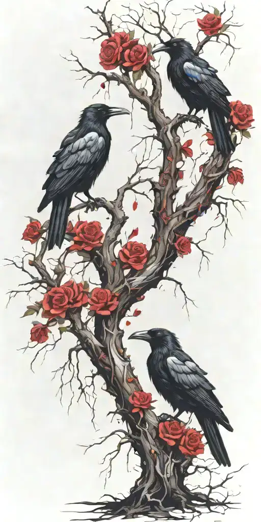 crooked scary looking tree wich gnarled and snapped branches. ravens perched amongst the branches roses weaving amongst tattoo design idea