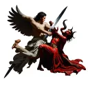 A devil executing an angel with a sword. tattoo design idea