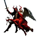 A devil executing an angel with a sword. tattoo design idea