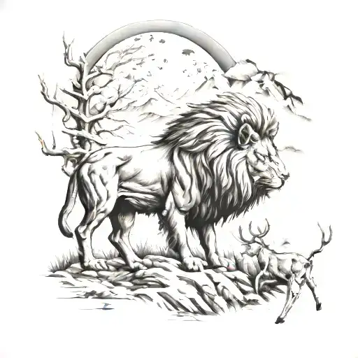 A hunting scene in the mountains with a lion and deer working together to catch their prey tattoo design idea