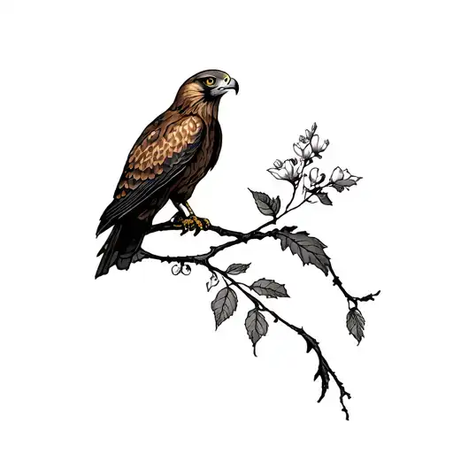 red tailed hawk tattoo perching on a flowering squash vine tattoo design idea