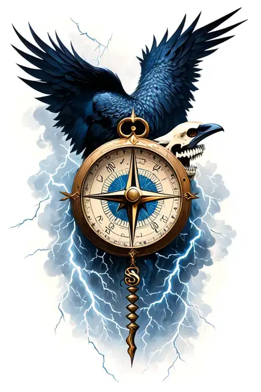 crow skull lightning storm compass time piece tattoo design idea