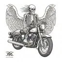 skeleton with wing standing on old school motorcycle cycle with arms spread out filled around with cybersiglism tattoo design idea