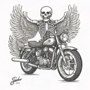 skeleton with wing standing on old school motorcycle cycle with arms spread out filled around with cybersiglism tattoo design idea