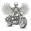 skeleton with wing standing on old school motorcycle cycle with arms spread out filled around with cybersiglism tattoo design idea