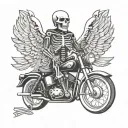 skeleton with wing standing on old school motorcycle cycle with arms spread out filled around with cybersiglism tattoo design idea