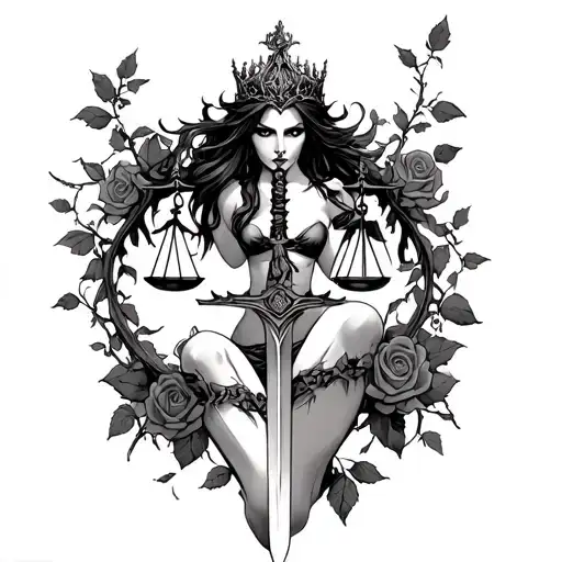 "Kneel for no man", a gothic queen powerful defiant with scales of justice and a sword wound in vines and roses tattoo design idea
