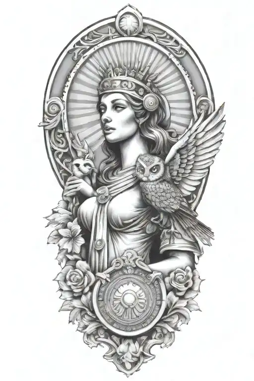 athena greek goddess with owl and parthenon tattoo design idea