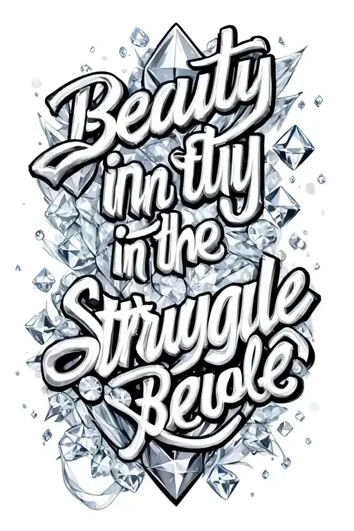  beauty in the struggle in a unique font surrounded by diamonds and sparkles . TEXT ONLY  tattoo design idea