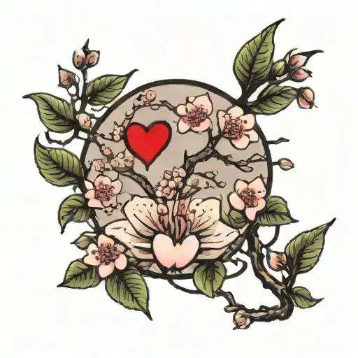 cherry blossom tree with leaves falling, and a heart with sweetheart going through it tattoo design idea