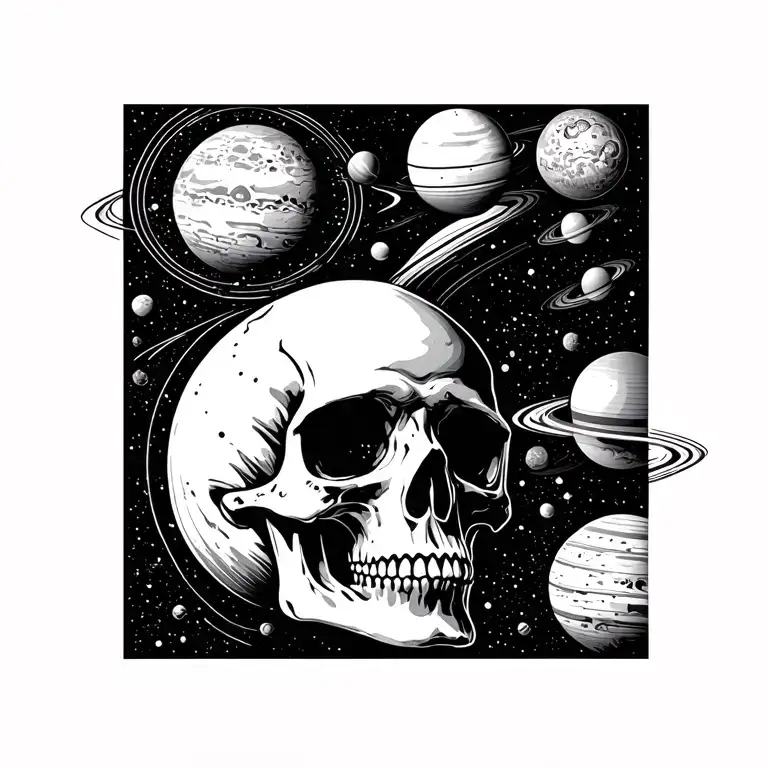 skull and solar space system tattoo design idea