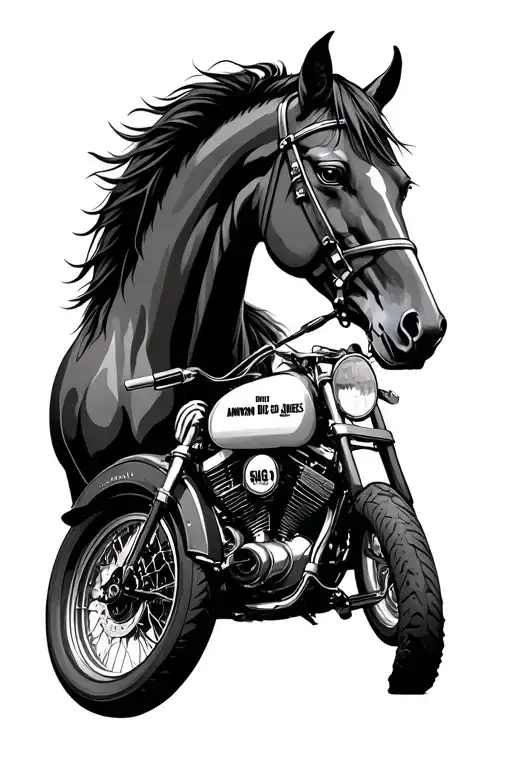HORSE WITH A MOTORCYLE WITH THE DATE OF APRIL 1, 2024 WITH THE NAME BEING ANTHONY BIG AINT JAMES tattoo design idea