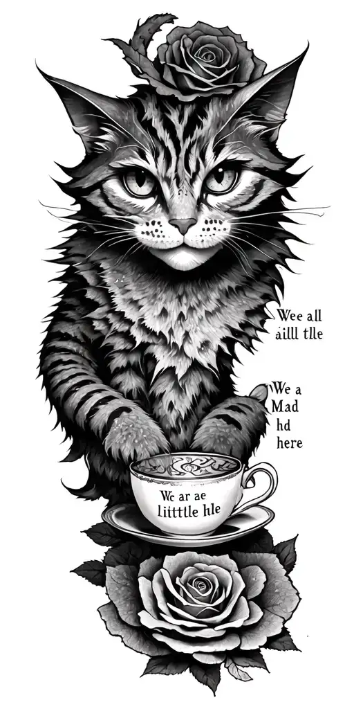 "We are all a little mad here" "We are all a little mad here"  evil cheshire cat with tail intertwined with tea cup and rose tattoo design idea