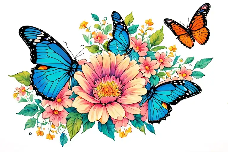 Catalina flower, butterflies flying together tattoo design idea