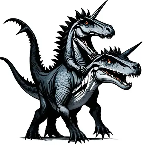 evil dead unicorn riding a dinosaur tattoo design idea