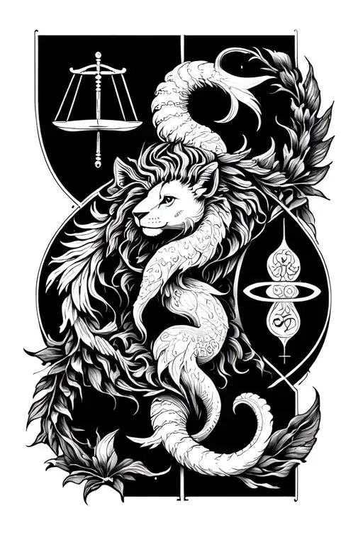 Leo, Libra, Aquarius and pisces zodiac sign intertwined tattoo design idea