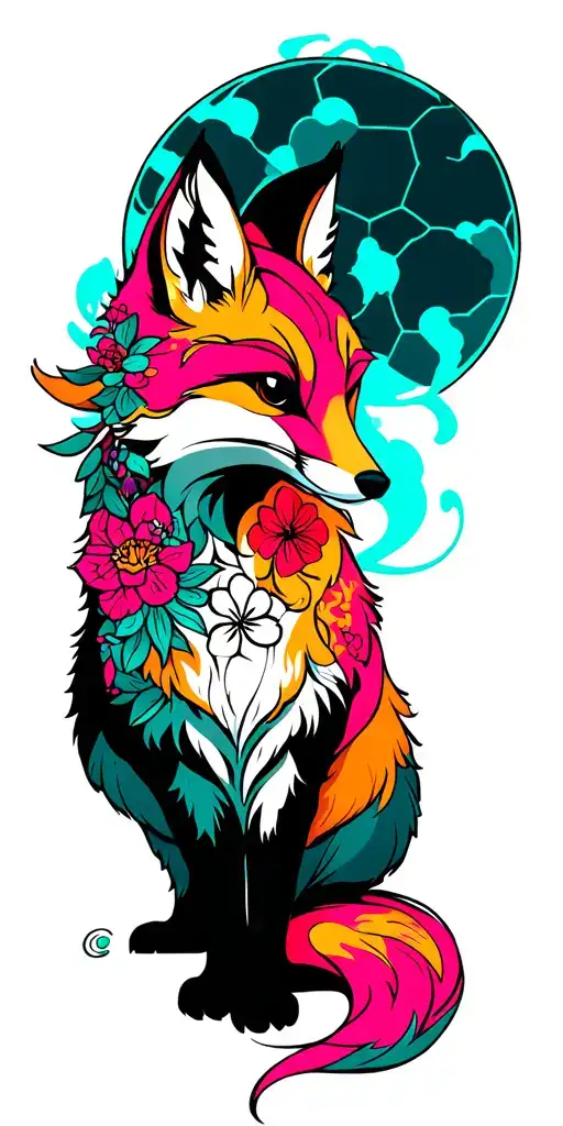 sitting fox in color scheme of fiery amber (hex color #f6931c), ocean turquoise (hex color #1cbbf6) and magenta tattoo design idea