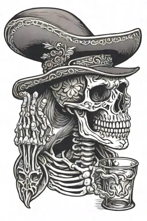 skeleton wearing a sombrero drinking a shot glass tattoo design idea