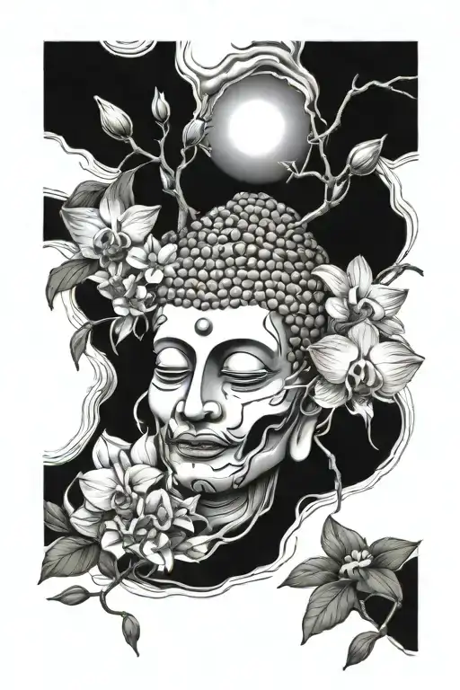 half skull under broken faced buddha surrounded by orchids under an ash tree on water tattoo design idea