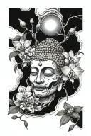 half skull under broken faced buddha surrounded by orchids under an ash tree on water tattoo design idea