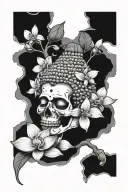 half skull under broken faced buddha surrounded by orchids under an ash tree on water tattoo design idea