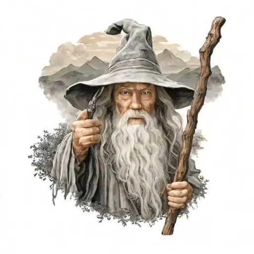 A realistic portrait of Gandalf the Grey holding a staff, with a background of the Shire landscape tattoo design idea