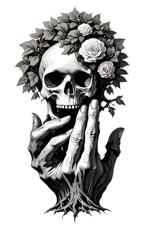 Skull hand connecting to a poison tree growing tattoo design idea
