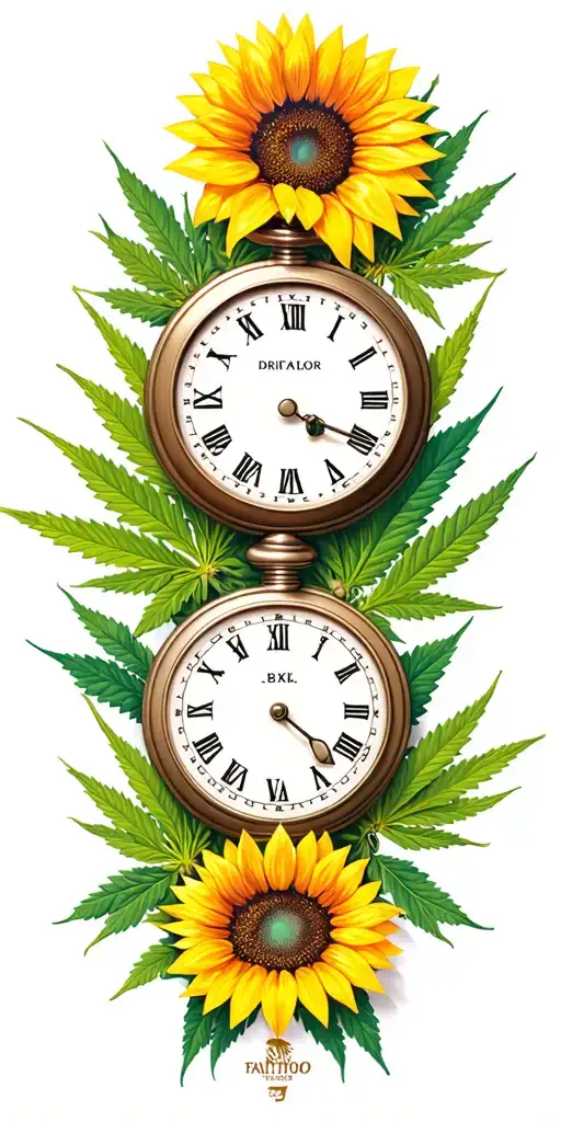 sunflowers, wildflowers, pocket watch, marijuana leaves, 3 dragaons tattoo design idea